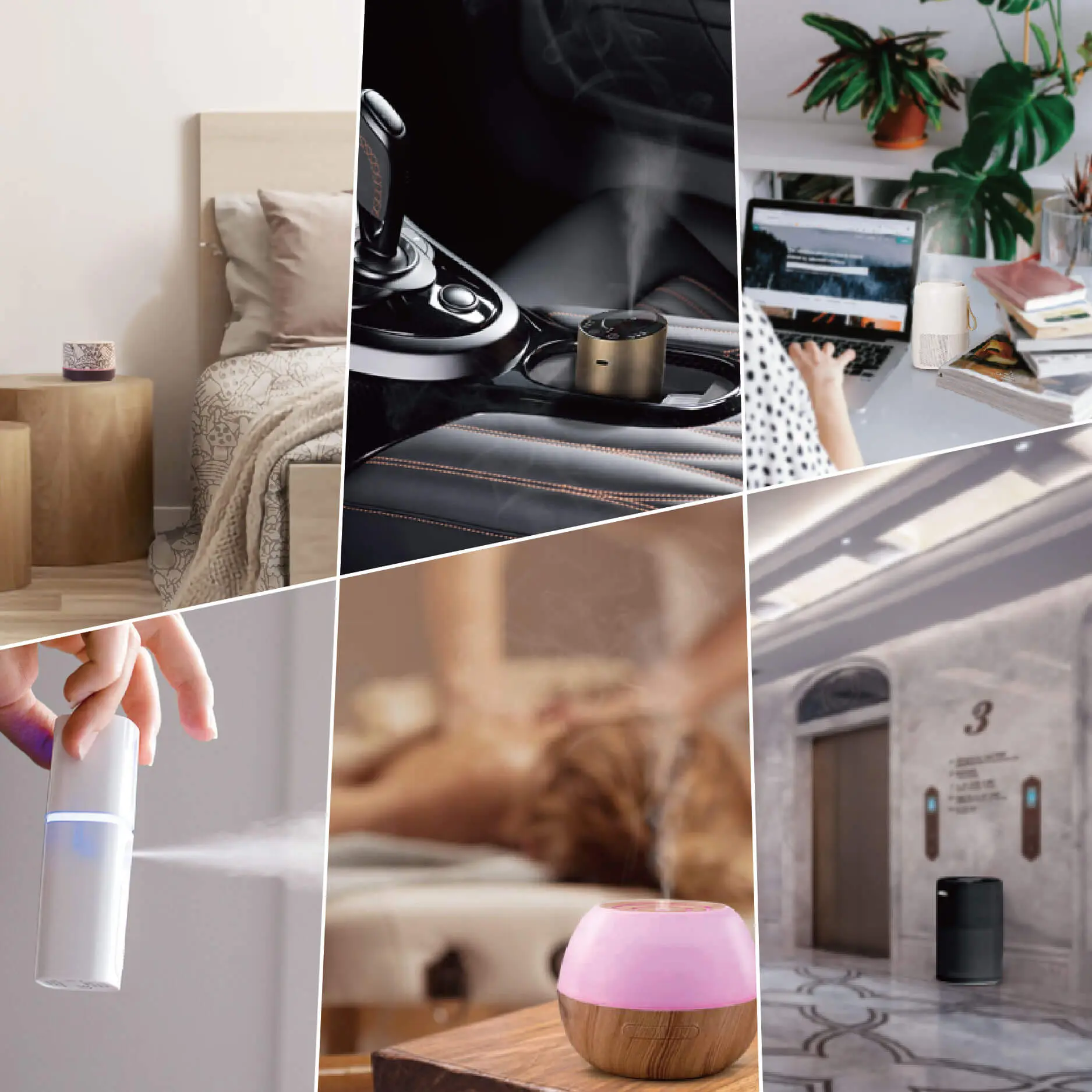Green-Life aroma oil diffuser manufacturer showing electric diffusers styled in living room and bedroom, vehical, office, hotel, travel, yoga, wellness center, hospital, and more scenes for fragrance brands.