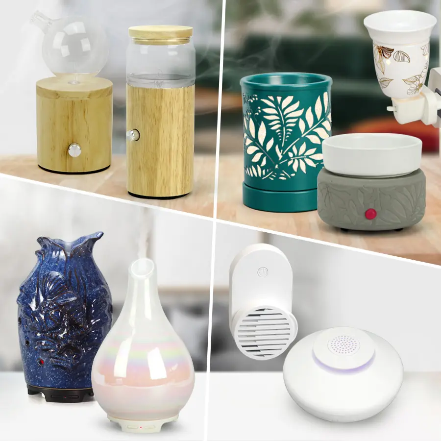 Technical chart from Green-Life aromatherapy diffuser manufacturer explaining ultrasonic, nebulizing, plug-in and fan diffuser methods for OEM & ODM projects