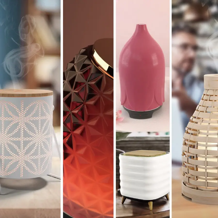 Selection of metal, glass, ceramic, cement, wood and plastic electric aroma diffusers manufactured by Green-Life for global frangrance brands