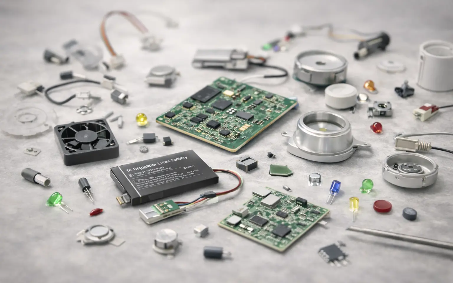 Exploded view of electronic components used in OEM and ODM diffuser manufacturing, showing PCB boards, sensors, fan modules, batteries and control parts for Green-Life B2B projects