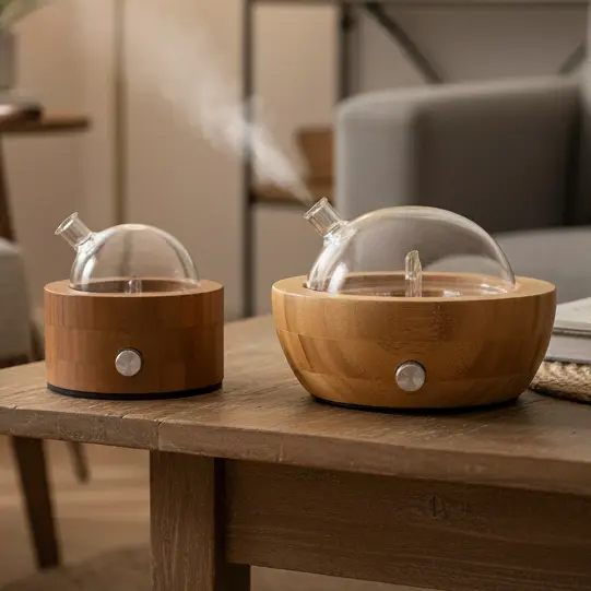Bamboo nebulizing diffuser for waterless essential oil diffusion, offering a natural aesthetic for life style brands