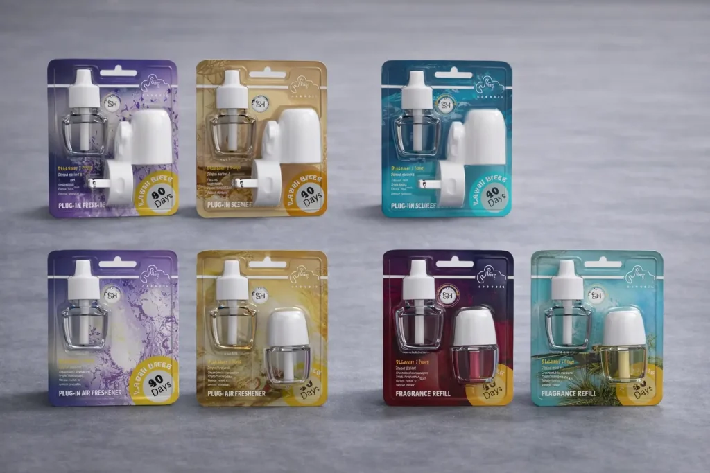Custom blister card packaging for plug-in air fresheners, including single fragrance refills and plug-in starter sets by Green-Life